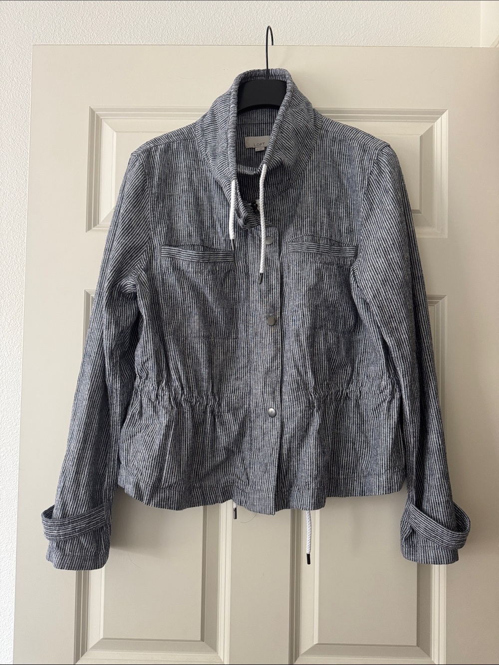 Striped Drawstring Funnel Neck Jacket - Gray - Picture 5 of 10